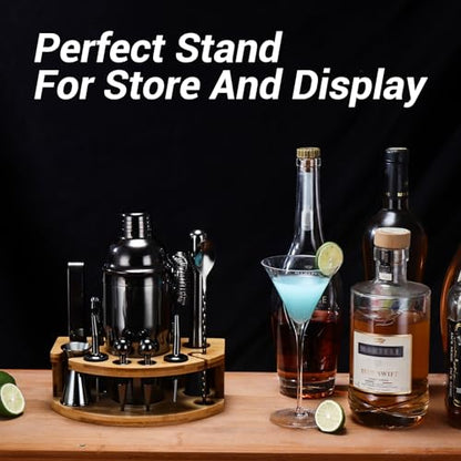 Cocktail Shaker Set Bartender Kit with Stand, 12 Piece Bar Set Drink Mixer Set with Stainless Steel Bar Accessories Tools: 25oz Martini Shaker Jigger Strainer Spoon Muddler for Cocktails (Black) - color: Black