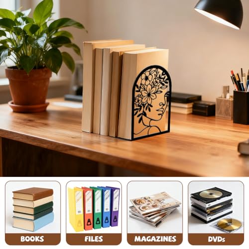 5.3"x4.3"x7.9" Metal Bookends, Heavy Duty Book Ends for Shelves | Lines Flowers With Faces Theme Cast Iron Book Supports, 1 Pair Decor Stoppers for Desk, Library, Office & Home Shelves - style: Lines Flowers With Faces