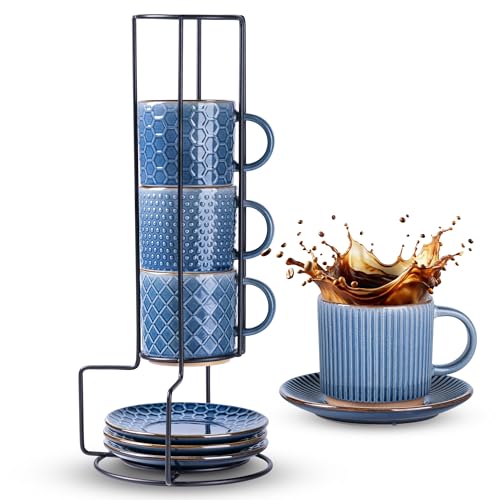 GBhome 6 OZ Stackable Coffee Mugs Set of 4, Ceramic Espresso Coffee Cups | Coffe Cups With Saucer and Stand, Dishwasher&Microwave Safe, 4 Assorted Designs - color: Moonlight Blue, size: 6 Ounce (With Stand)