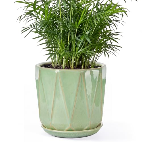 7.8 Inch Ceramic Plant Pot with Drainage Hole Mesh Net, Large Flower Pots for Indoor Plants with Saucer, Gardening Pots Outdoor (Crackle-Green) - color: Crackle-green, size: 7.8 Inch