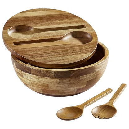 JOYMAY Salad Bowls Wood Salad Bowl Set with Lid Acacia Wood Serving Bowl for Fruits or Salads 10.5" Large Serving Bowl with Serving Utensils, 4 Piece Wooden Mixing Bowl Set for Kitchen, Picnic - color: 10.5in wood salad bowl