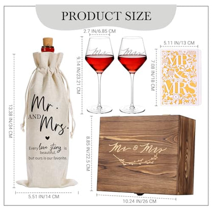2026 Mr & Mrs Wine Glasses Gift Set with Memory Box,Wine Bag, Greeting Card – Engagement, Wedding & Newlywed Gifts for Couples, Just Engaged Gifts for Women - style: Mr & Mrs + Box + Bag & Card