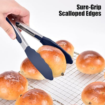 Doosu 600°F Heat Resistant Kitchen Tong for Cooking with Non-Scratch Silicone Tips (7in, Navy Blue) & 2-Piece Spatula Set BPA Free Rubber Scrapers for Kitchen Cooking Baking Stirring (Red+Black)