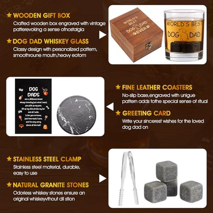 Bayelove Dog Dad Gifts, Best Gift for Dad, Gift with 12oz Whiskey Glasses, Stones, Coaster, Wooden Box for Dogfather - color: Dog Dad