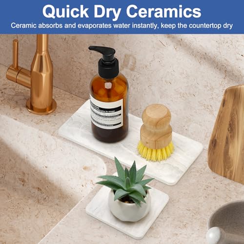4 Pcs Water Absorbent Stone Dry Tray for Bathroom Sink Kitchen Counter Tray | Diatomite Stone Quick Drying Diatomaceous Earth Mat Soap Dispenser Dish Sponge Holder Ceramic Marble Bathroom Vanity Trays - color: Marble Light Gray