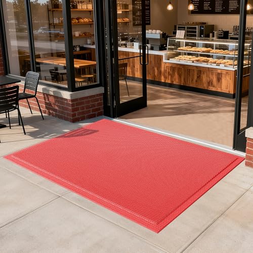 Front Door Mat Outside Entrance Drainage Doormat Red 36"x59" | Outdoor Welcome Mats For Patio Waterproof, Dirt Trapper with Non-Slip Rubber Backing, Dirt Mat for Garage Home Pool Entrance - color: Red, size: 36''x59''