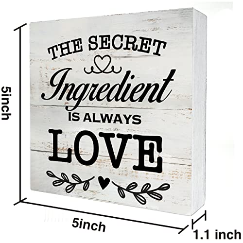 Secret Ingredient is Always Love Kitchen Quote Wood Box Sign Rustic Wooden Box Sign Farmhouse Home Kitchen Desk Shelf Decor (5 X 5 Inch) - color: white