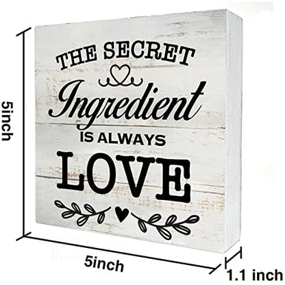 Secret Ingredient is Always Love Kitchen Quote Wood Box Sign Rustic Wooden Box Sign Farmhouse Home Kitchen Desk Shelf Decor (5 X 5 Inch) - color: white
