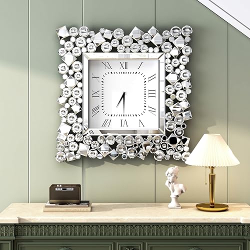 SHYFOY 20 Inch Crystal Wall Clock， Modern Square Decorative Clock | Roman Numerals, Silent Non-Ticking, Luxury Home Decor for Living Room, Office, Bedroom - color: Crystal, size: 20"W x 20"H