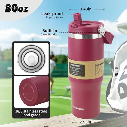 30oz Flip Straw Insulated Water Bottle with Handle, Leak Proof Stainless Steel Travel Tumbler With Lid, Double Wall Vacuum Iced Coffee Travel Mug, Sport Cup, Outside use - color: WineRed