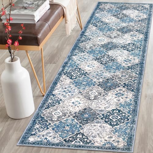 KILOCOCO 2x8 Washable Runner Rug, Nonslip Soft Area Rug for Hallway Kitchen | Moroccan Trellis Spill & Stain Resistant Low Pile Carpet for Entryway Office Laundry Bedroom, Easy Clean - color: Blue/Multi, size: 2' x 8' (Runner)