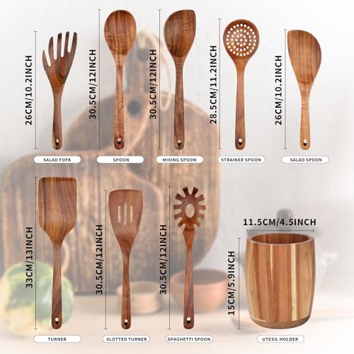 9 PCS Kitchen Utensils Set - Wooden Spoons for Cooking, Natural Teak Wooden Utensils - Includes Wooden Spoons, Spatula Set, Slotted Spoon - Handmade Wooden Spoon Set | Heat Resistant, Non-Scratch, Safe for Nonstick Pan, Easy to Clean, Daily Cooking Use,Sm