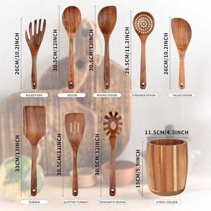 9 PCS Kitchen Utensils Set - Wooden Spoons for Cooking, Natural Teak Wooden Utensils - Includes Wooden Spoons, Spatula Set, Slotted Spoon - Handmade Wooden Spoon Set | Heat Resistant, Non-Scratch, Safe for Nonstick Pan, Easy to Clean, Daily Cooking Use,Sm