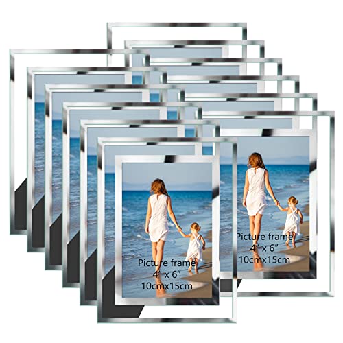 Hoikwo Bulk 4x6 Picture Frames, 12 Packs Silver Photo Frames 4 by 6, Glass Wedding Frames 4x6, Clear Mirror Wedding Photo Frames, Only for Tabletop Display Vertically or Horizontally - size: 4x6-12 Frames
