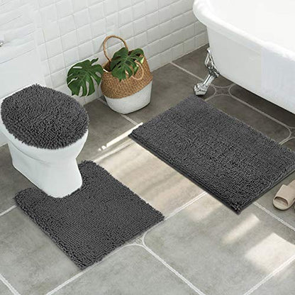 Standard 3pc Non-Slip Shaggy Chenille Bathroom Mat Set, Includes 24"x21" U-Shaped Contour Toilet Rug, 34"x21" Bathmat and 1 Toilet Lid Cover, Charcoal Gray - color: Charcoal Gray, size: 24''x21’’, 34’’x21’’ and TLC (Set)