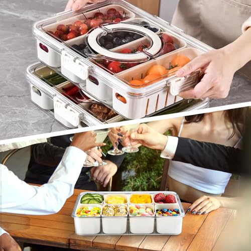 Snackle Box Container,2 Pack Divided Clear Snack Box Serving Tray with Lid and Handle,Charcuterie Board with Lid, Snack Organizer for Beach Picnic, Refrigerator Fresh, Party, Holidays and Travel - color: 8 Compartments+4 Compartments