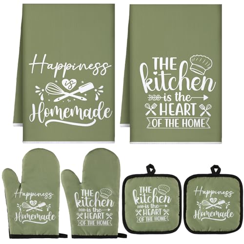 Sratte 6 Pcs Kitchen Decor Accessories Set Farmhouse Towels Pot Holders Oven Mitts Set 2 Dish Towels 2 Potholders 2 Cooking Mittens Oven Glove for Christmas Baking Cooking Supply(Green,Kitchen) - color: Green, style: Kitchen