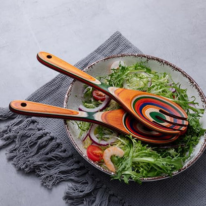 Pakkawood Salad Tongs,10.5 inch wooden Spoons, Serving utenstil colorful wood Salad Servers set, Kitchen cooking utensil set. - color: Pakkawood