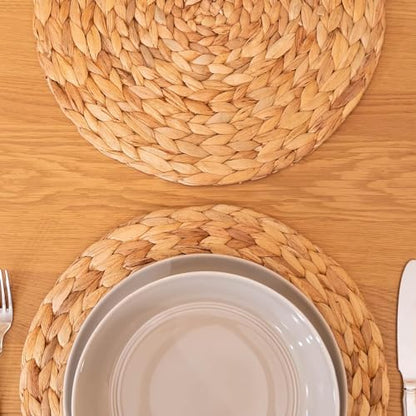 6 Pack, Round Woven Placemats, Natural Water Hyacinth Place mats, Braided Straw Table Mats for Dining Table, Christmas Placemats Set of 6 (15 inch) - size: 15 inch (Set of 6)