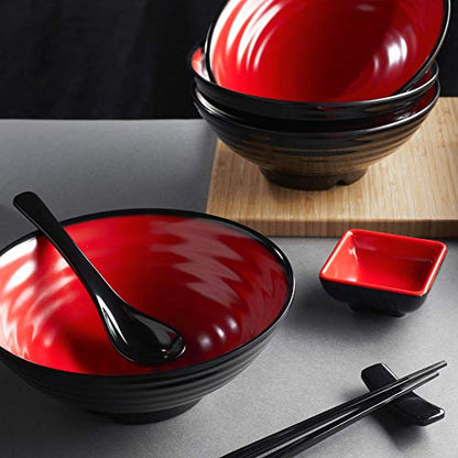 Unbreakable Ramen Bowl Set with Chopsticks and Spoon: 1 large Japanese Style Melamine Ramen Bowl, Dipping Bowl and Chopsticks and Stand for Asian Pho Soup Thai Miso Udon Wonton (1 Bowl Set, Red-Black) - color: Red & Black, size: 1 Bowl Set