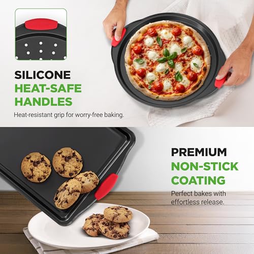 NutriChef Non-Stick Kitchen Oven Baking Pans-Deluxe & Stylish Nonstick Gray Coating Inside Outside, Commercial Grade Restaurant Quality Metal Bakeware with Red Silicone Handles NCSBS8S, 8 Piece Set - size: 8-Piece Set