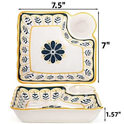 Noamus 4 Pack Dumpling Plate with Dipping Saucer, 7.5" Ceramic Japanese Sushi Platter, Colorful Square Serving Plate with Dish for Home Kitchen, Snack Dessert Salad Fries Fruit Gyoza