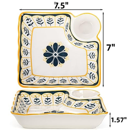 Noamus 4 Pack Dumpling Plate with Dipping Saucer, 7.5" Ceramic Japanese Sushi Platter, Colorful Square Serving Plate with Dish for Home Kitchen, Snack Dessert Salad Fries Fruit Gyoza