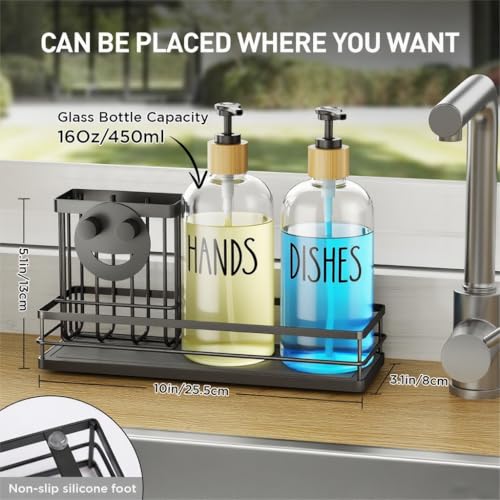 Moforoco Kitchen Dish Soap Dispenser Set, 16OZ Glass Bottle, Hand and Dish Soap Dispenser Set, Instant Dry Tray, Brush Holder with Smiley Face Sponge Holder (Black Tray+Clear Bottle) - color: Black Tray+clear Bottle