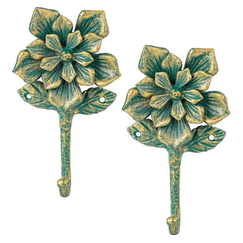Sungmor 2 Pack Cast Iron Coat Hooks - Flower Shaped& Rustic Green | Wall Hooks for Coats,Hats and Towels,Decorative Wall Mounted Hangers for Entryway,Farmhouse Home Decor - color: Green