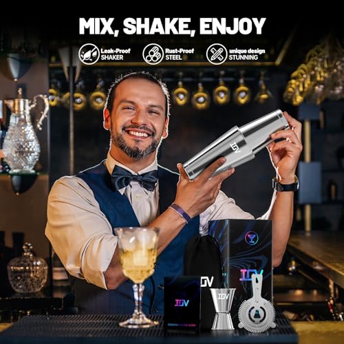 IOV Boston Cocktail Shaker Bar Set, Bartender Kit Drink Mixer Set with 18 oz & 28 oz Boston Shakers, Hawthorne Strainer, Double Jigger, Bar Tool Kit and Recipe Booklet - Silver - color: 3 Pcs - Silver