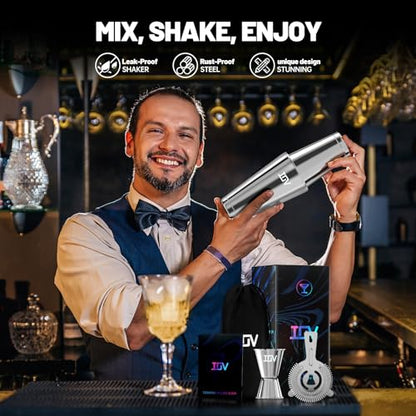 IOV Boston Cocktail Shaker Bar Set, Bartender Kit Drink Mixer Set with 18 oz & 28 oz Boston Shakers, Hawthorne Strainer, Double Jigger, Bar Tool Kit and Recipe Booklet - Silver - color: 3 Pcs - Silver