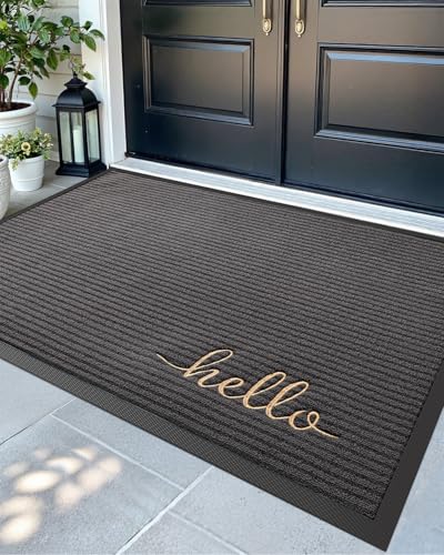 DEXI Front Door Mat Outside Entrance 48x72 Rubber Entry Doormat Hello | Non Slip Outdoor Use Trap Dirt and Moisture Easy Clean Low Profile for Inside House Floor Entryway Exterior Patio - color: Hello Grey, size: 48" x 72" (Rectangular)