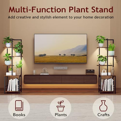 Plant Stand Indoor with Grow Light, 5-Tiered Tall Plant Stand Indoor, Metal Plant Shelf with Bookshelf Bookcase and Adjustable Light, Ideal for Living Room, Reading room, Garden, Patio (Brown)