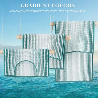 Bathroom Rugs Sets 3 Piece, Toilet Rugs U-Shaped Contour Bath Mat Set, Striped Absorbent Non Slip Chenille Shower Mat, Aqua Green - color: Aqua Green, size: 20"x32"+16"x24"+U Shape 20"x24"