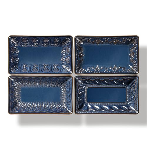 Appetizer Plates Set of 4, 8.25" Embossed Ceramic Rectangular Dessert Plates, Deep Lipped Edges, Microwave & Dishwasher Safe, Salad Sushi Snack Serving Plates (Blue, Multiple Patterns) - color: Blue (Multiple Patterns), size: 8.25 inch