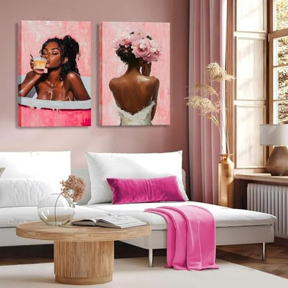 Framed modern abstract African American women's wall Art (Set 2), canvas high-definition printing, Bohemian black girl bathtub coffee fashion with pink flower on her head Black woman picture, living room, bedroom, bathroom, office decoration, 12x16 inches