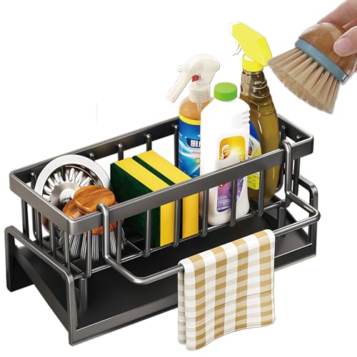 Kitchen Sink Caddy Organizer, Stainless Steel Sink Sponge Holder,45°Tilt Self-Drainage, Sponge Drain Rack with Dish Brush Holder,Removable Dishcloth Rack for Kitchen Storage Dispenser,Grey