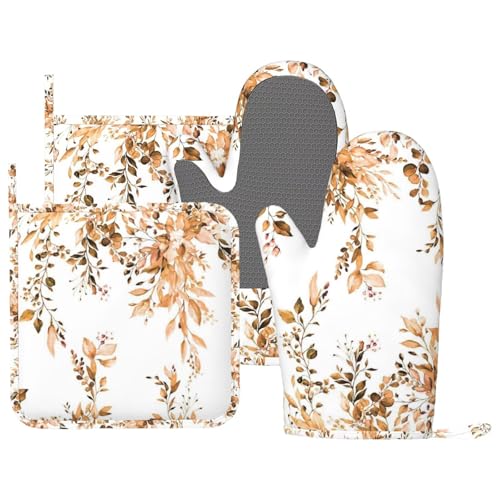 Orange Eucalyptus Oven Mitts and Pot Holders Set, 4pcs Silicone Fall Watercolor Plant Leaves with Floral Oven Glove for Kitchen Heat Resistant Oven Mitts and Potholders Non-Slip for Cooking - color: Orange