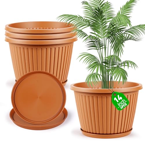 Large-Planter-Indoor-Outdoor Plant Pots, 14 inch 4 Pack Plastic Flower Pots with Saucer And Drainage Holes, Modern Garden Planters For Planting Medium Large Plants, Decorative Resin Garden Pots - color: Terracotta, size: 14 inch