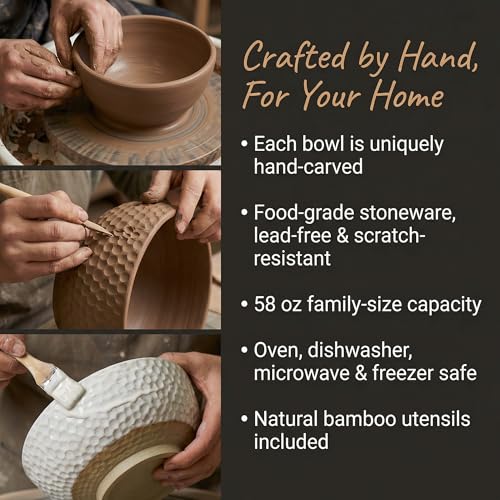 Large Ceramic Dinner Bowl - Handmade Salad Bowl Set, 58 oz. Dishwasher and Oven Safe, Vanilla White 9.5 inch”