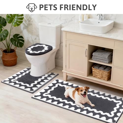 Findosom Bathroom Rugs Sets 5 Piece, Absorbent Soft Non-Slip Bath Rug Set | Washable Microfiber Shaggy Bath Mat Set with Bathroom Runner Rug, U-Shaped Toilet Rugs, Shower Rug&Toilet Lid Cover,Dark Gray - color: Dark Gray & White, size: 18"x26"+20"x32"+20"