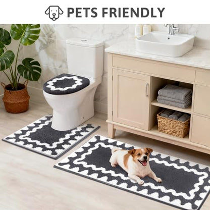 Findosom Bathroom Rugs Sets 5 Piece, Absorbent Soft Non-Slip Bath Rug Set | Washable Microfiber Shaggy Bath Mat Set with Bathroom Runner Rug, U-Shaped Toilet Rugs, Shower Rug&Toilet Lid Cover,Dark Gray - color: Dark Gray & White, size: 18"x26"+20"x32"+20"