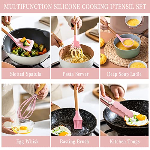 Umite Chef Silicone Kitchen Utensils Set, 33 Piece Non-Stick Kitchen Utensils with Stand, Wooden Handle, Pink - color: Pink