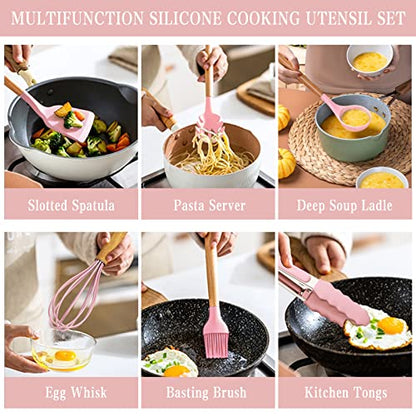 Umite Chef Silicone Kitchen Utensils Set, 33 Piece Non-Stick Kitchen Utensils with Stand, Wooden Handle, Pink - color: Pink