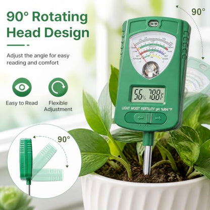 7-in-1 Soil Test Kit with 90° Rotatable Head, Soil Tester for Moisture/pH/Light Intensity/Fertility, Digital Screen for Soil & Air Temp/Humidity, Ideal for Garden, Lawn, Farm, Indoor/Outdoor Plants