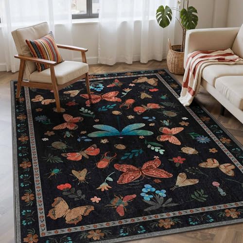 4x6 Black Boho Floral Insect Area Rug for Living Bedroom Dining | Soft,Machine Washable & Non Slip,Low Pile,Ideal for Girls Room, Nursery,Kids Room - color: Black, size: 4' x 6' (Rectangular)