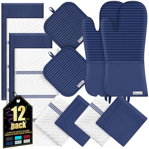 Oven Mitts Kitchen Towels and Dishcloths with Pot Holders Sets, Oven Gloves Hot Pads 500°F Heat Resistant with Silicone Grip, Include 2 Cooking Gloves/2 Potholders/4 Kitchen Towels/4 Dish Towels - color: Marine Blue