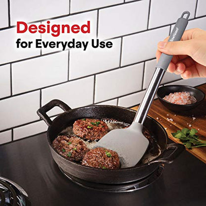 Silicone Cooking Utensils Set - Stainless Steel Handle, 15 Piece Kitchen Utensil Sets | Nonstick, Heat Resistant, BPA Free & Dishwasher Safe | Grey - color: Gray