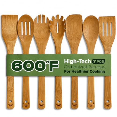 7PCS Carbonized Bamboo Wooden Spoons for Cooking Set, Premium Kitchen Utensils for Nonstick Cookware, Durable Wooden Cooking Tools