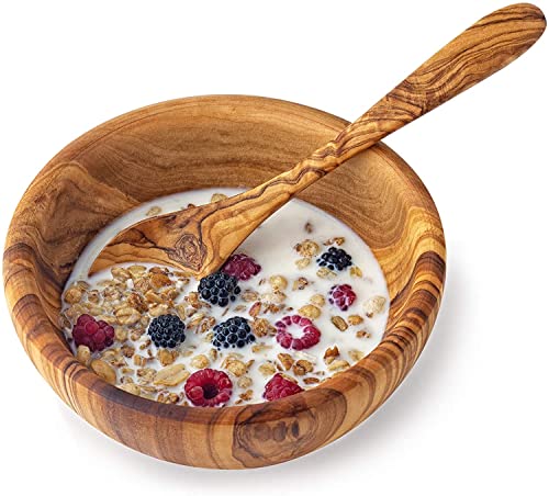 Wooden Bowl and Spoon Set - Natural Wood Hand Carved Bowl for Salad, Cereal, Oatmeal - Handmade Wooden Snack Bowls & Servers - Decorative Serving Dishes for Party - Wooden Fruit Bowl
